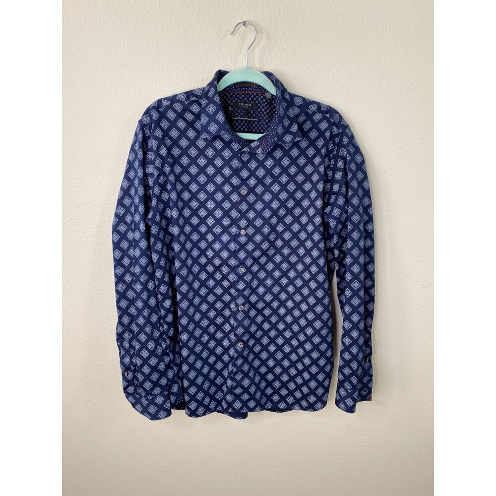 Ted Baker London Mens Blue Diamond Pattern Long Sleeve Button-Up Shirt Size 6